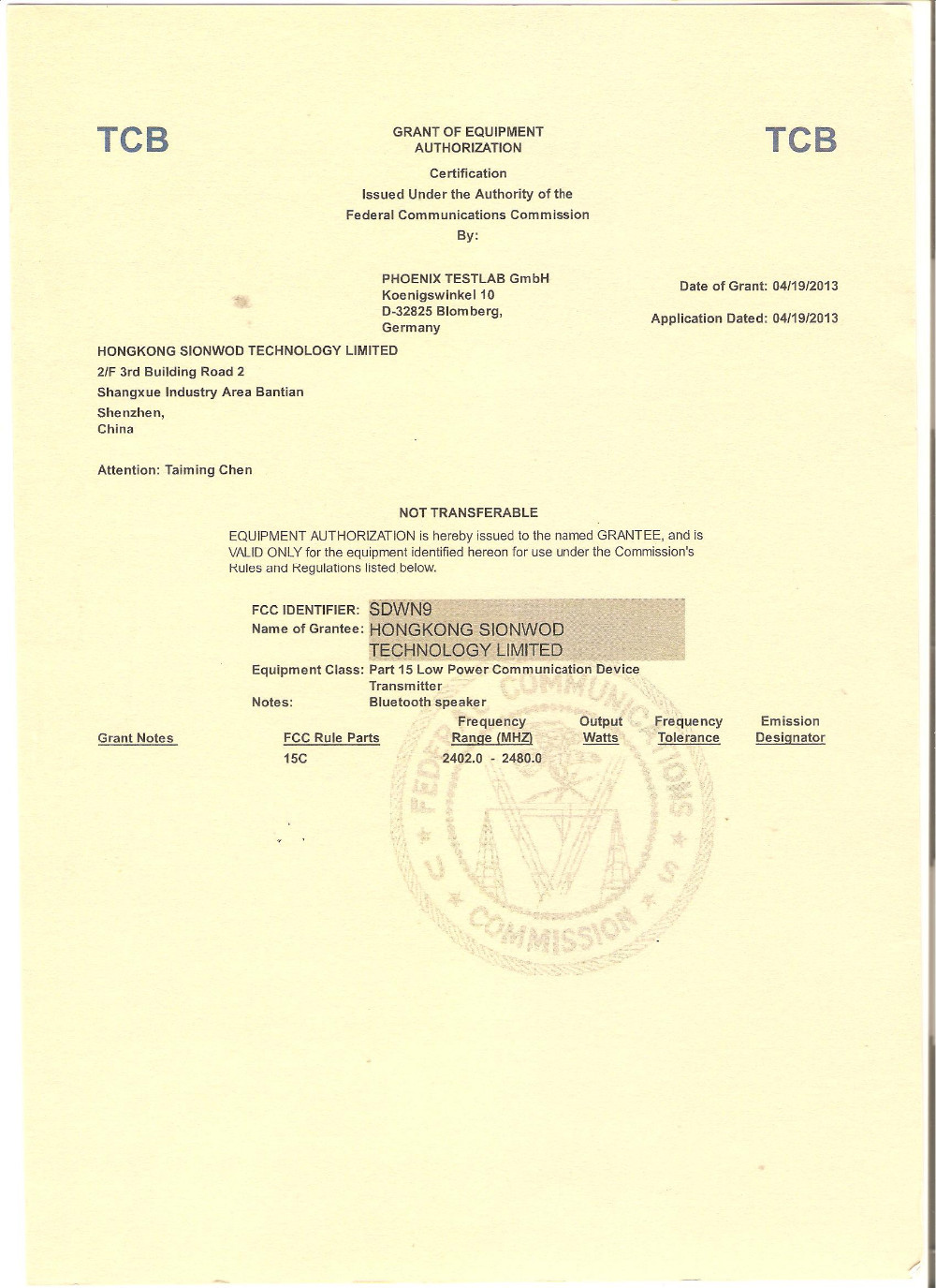 Sionwod BT FCC Certificate