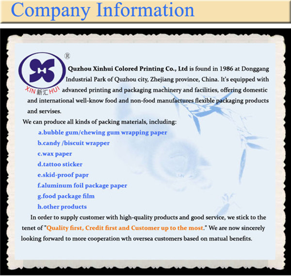 Printing factory direct sale custom wax paper for chewing gum