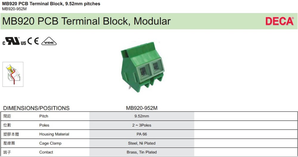 ユーロタイプの端子台、 mb920-952m、 9.52ピッチプリント基板用端子台仕入れ・メーカー・工場