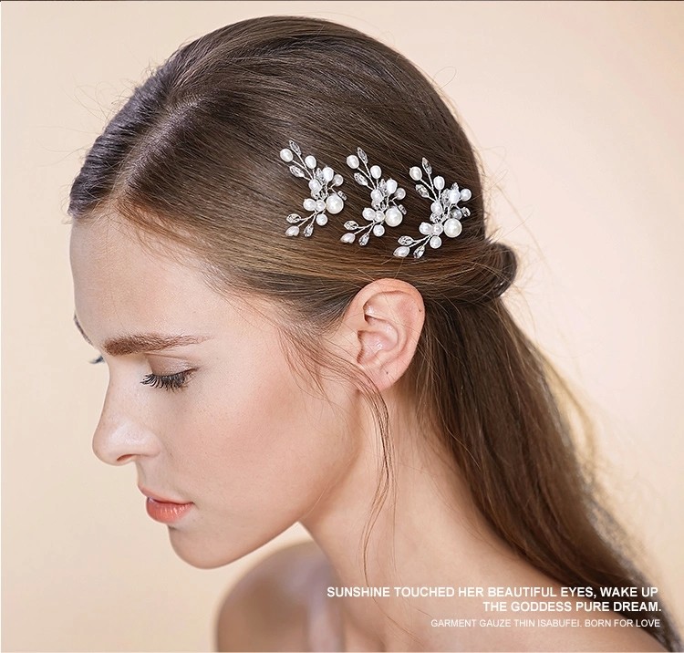 Silver Crystal Rhinestone Hair Sticks Clip Pearl Flower Wedding