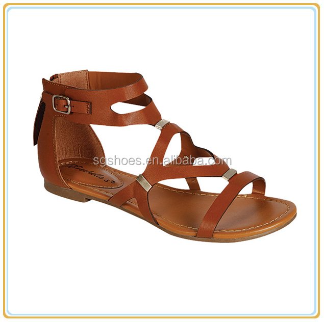 2015 women open toe strappy caged gladiator zipper ankle flat