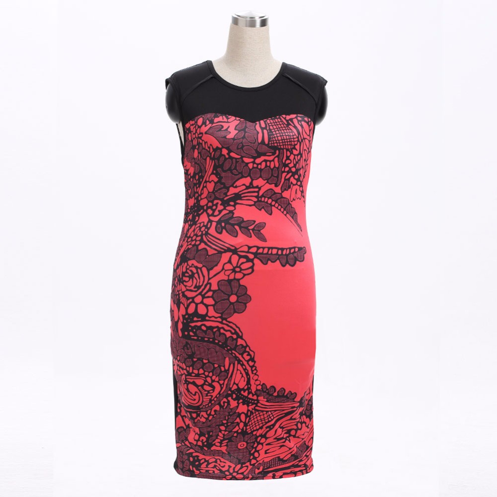 ファッションの新しいノースリーブ赤い花プリントボディコンパーティードレス女性ドレス仕入れ・メーカー・工場