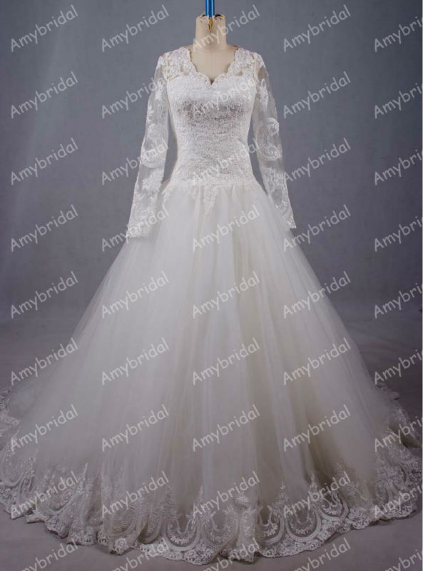 深いネックライン01557実像の花嫁の服の長い袖のレースのウェディングドレス仕入れ・メーカー・工場