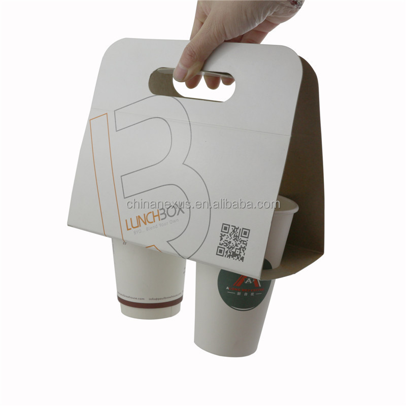 Reusable White Cardboard Coffee Paper Cup Holder With Handle For 2 Cups