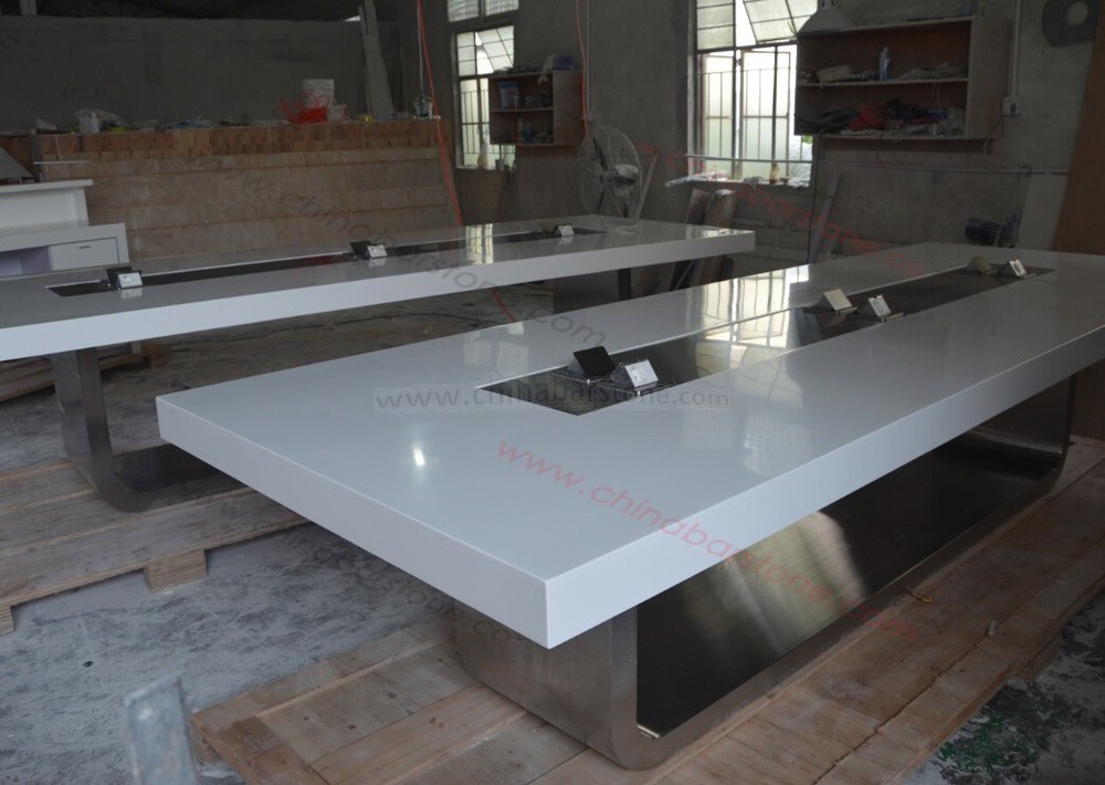 ホワイト人工大理石の石の会議テーブルデザインと電源コンセント仕入れ・メーカー・工場
