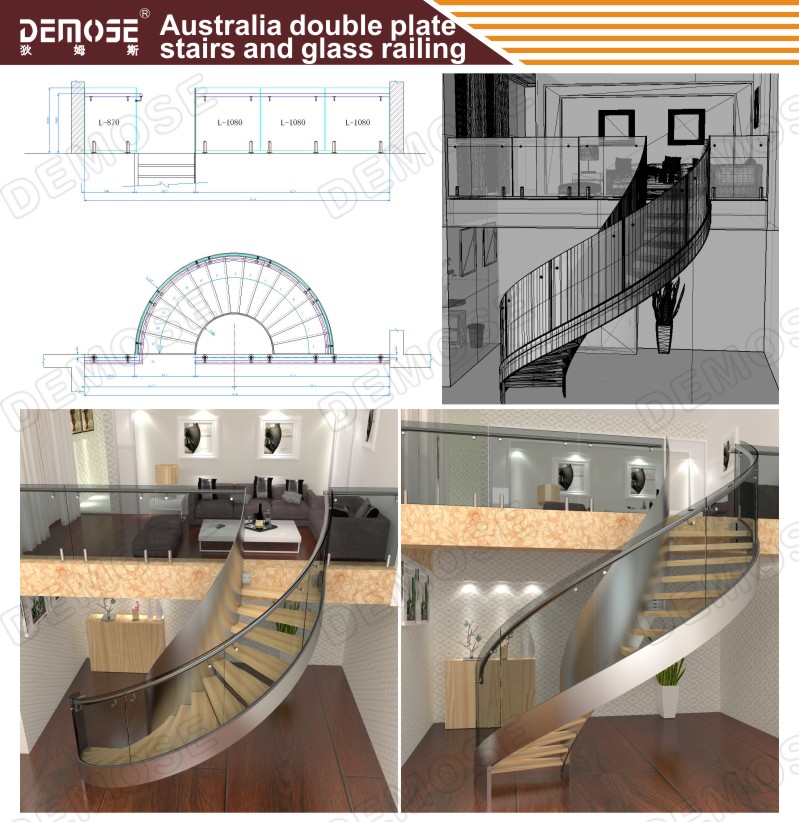 アーク階段付きステンレススチール階段手すりと木材階段ステップデザイン 問屋・仕入れ・卸・卸売り