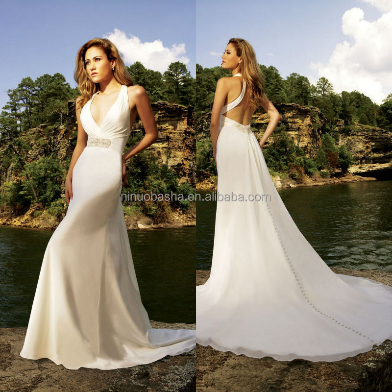 2014 Sexy Halter Neck Backless Organza A Line Beach Style Wedding