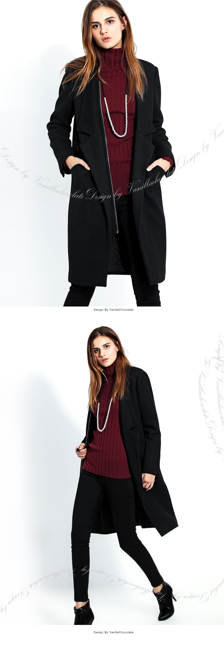 契約したvanillachocolate2015新しい冬のウールのコートファッションステッチジッパーコート仕入れ・メーカー・工場