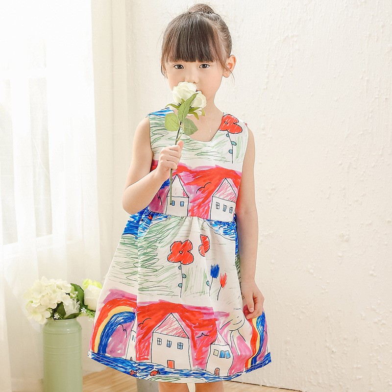 W0712 Colorful Girl Dress 2016 Summer Princess Dress Girl Designer Character Painting Kids
