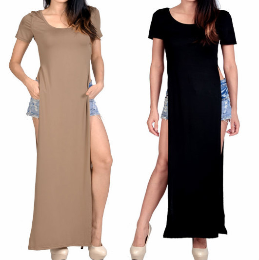最新の女性のドレスのalibabaエクスプレス半袖夏のファッションの女性セクシーなロングスリットドレス問屋・仕入れ・卸・卸売り
