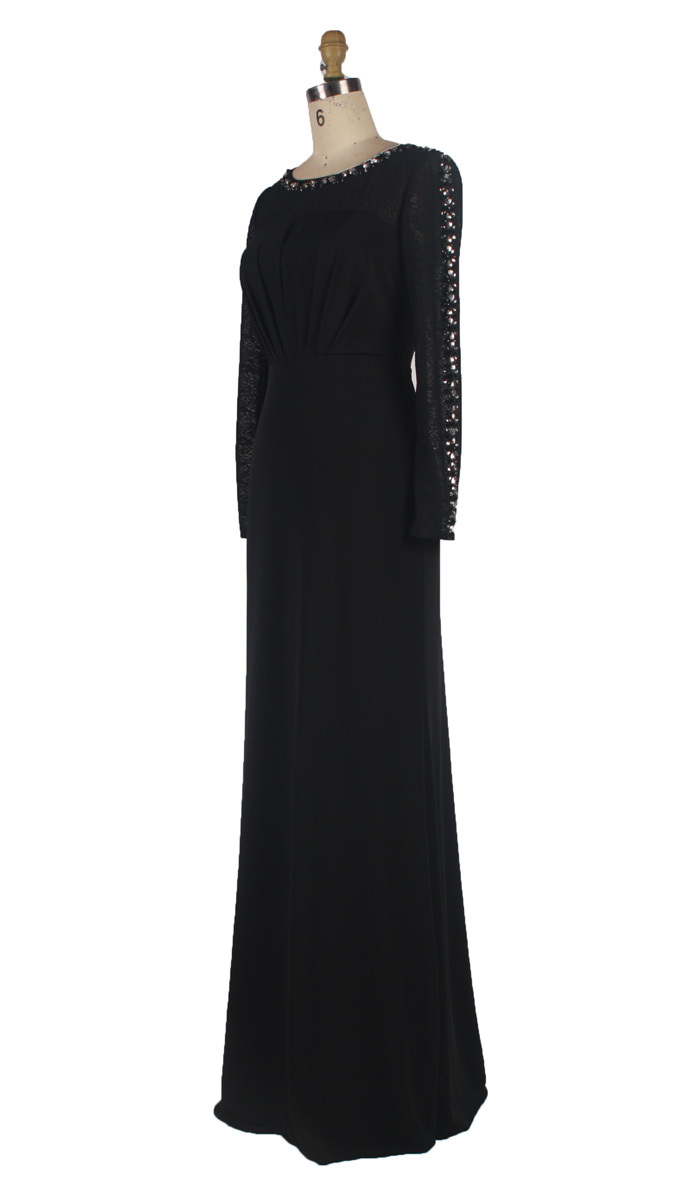 黒ロングスリーブプリーツ2014年の長いイブニングドレスをビーズ問屋・仕入れ・卸・卸売り