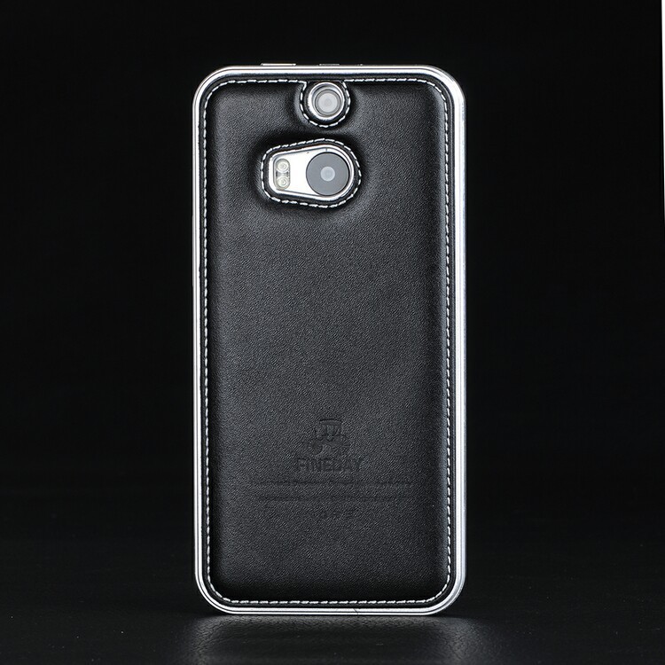 iMatch Luxury Aluminum Metal Bumper Premium Genuine Leather Back Cover Case for HTC One M8