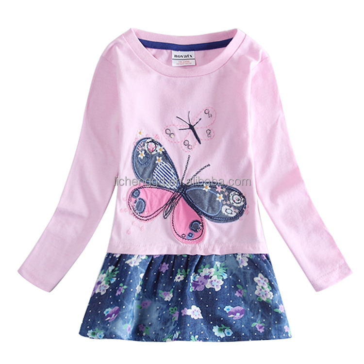 (h5460) 2014年新しい到着のベビーの女の子100％綿の蝶の刺繍とロングスリーブドレス問屋・仕入れ・卸・卸売り
