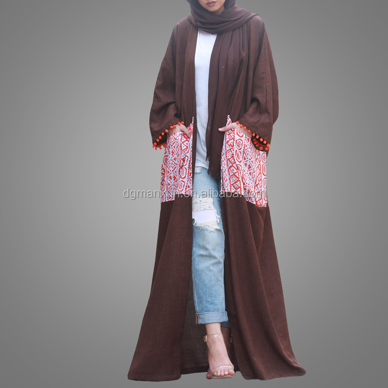 2017 fashion design printed pattern abaya dubai open linen abaya kimono muslim dress with pockets (2).jpg