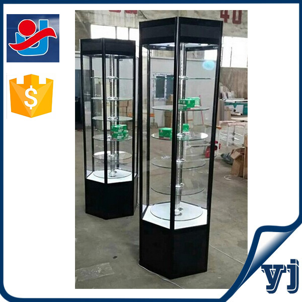 Fashion Design Hexagonal Rotating Glass Display /accessories Display Showcase/wooden