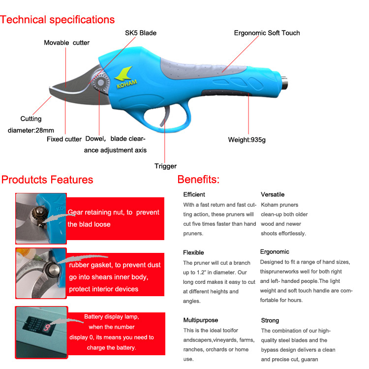 koham28ミリメートル直径を切断ツールリチウムイオン電池lopper剪定ばさみ電気電子パワード剪定secateurせん断低木問屋・仕入れ・卸・卸売り