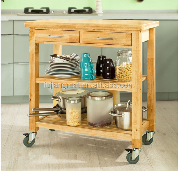 Rubber hout keuken trolley winkelwagen met twee laden & planken ...