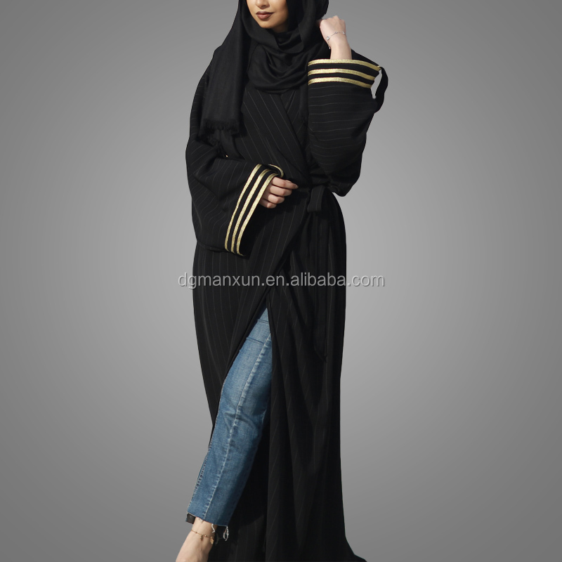 Gold Trimming Kimono Sleeves Strap Pattern Modern Kimono Maxi Hijab Kaftan Islamic Open Abaya 2017.jpg