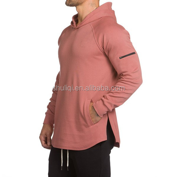 Gym Fitted Longline Hoodie Mens Curved Hem Long Tops Muscle