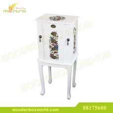 s88175600-White Floor Standing Wooden Jewelry Armoire with Floral Design