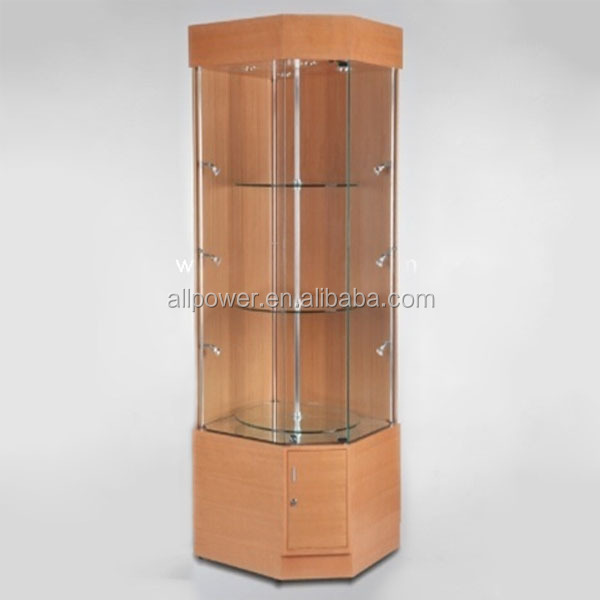 Wooden Revolving Glass Shelves Tall Glass Cabinet For Precious