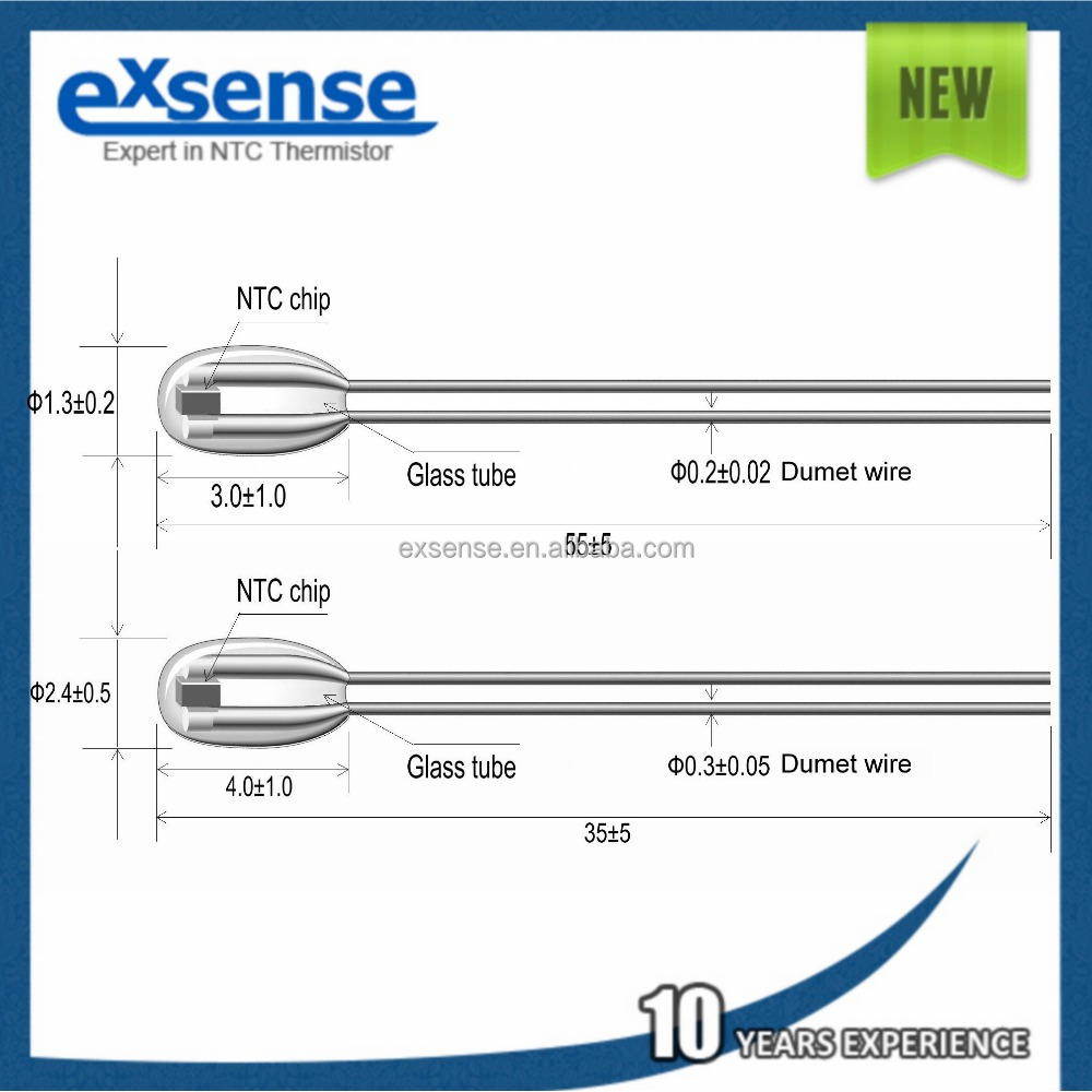 radial glass encapsulated thermistor for 3d printer, 300c glass