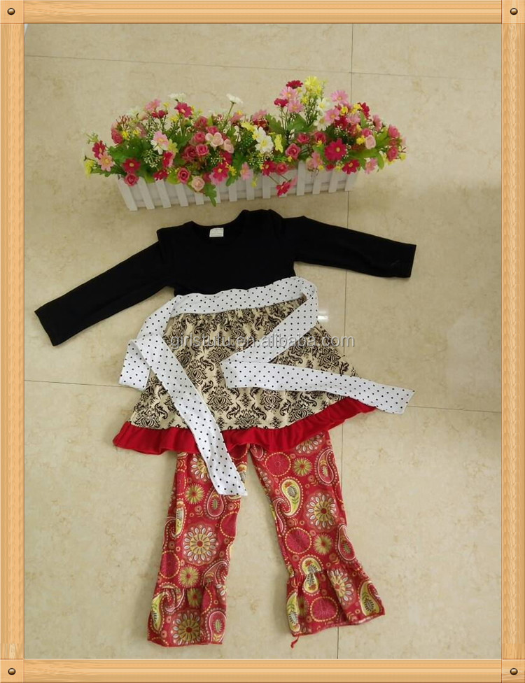 かわいい女子秋黒い綿のシャツの衣装花柄フリルパンツブティックキッズ服感謝祭小さな女の子の衣装仕入れ・メーカー・工場