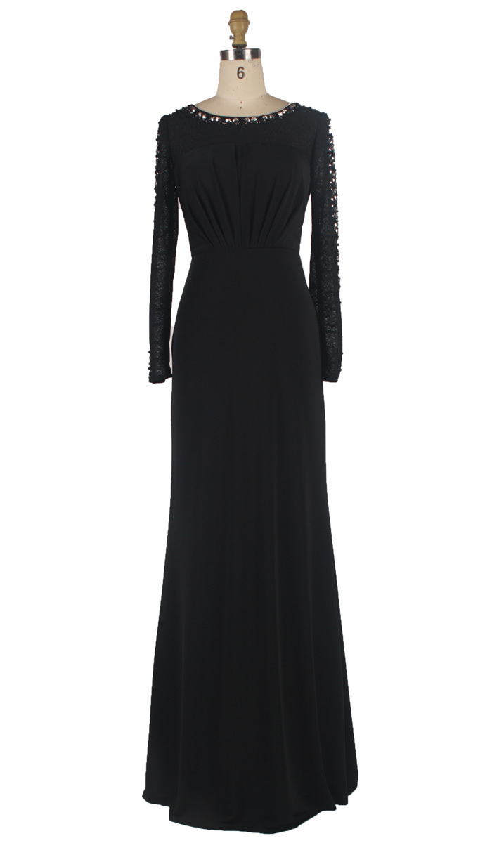 黒ロングスリーブプリーツ2014年の長いイブニングドレスをビーズ問屋・仕入れ・卸・卸売り
