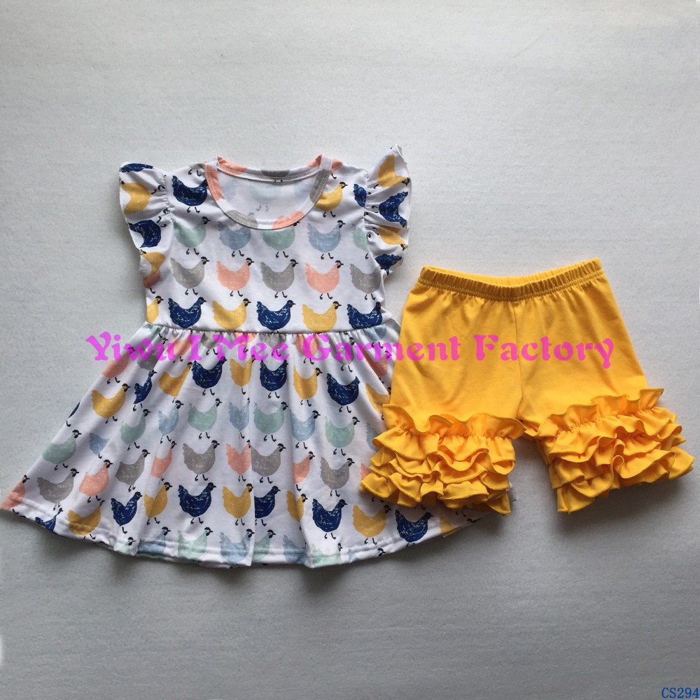 CS292かわいい女の子ブティック夏衣装子供チキン柄フラッタースリーブドレスとアイシングショーツ服セット仕入れ・メーカー・工場