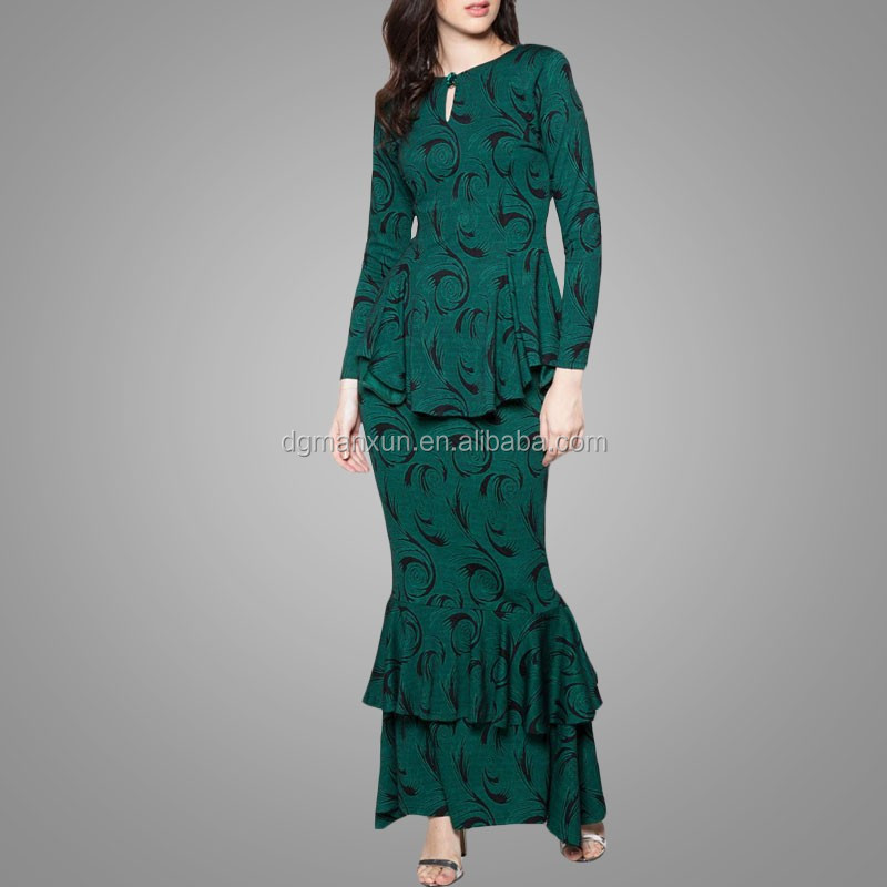 green printed peplum mermaid baju kurung new arrival beautiful malaysia baju kurung