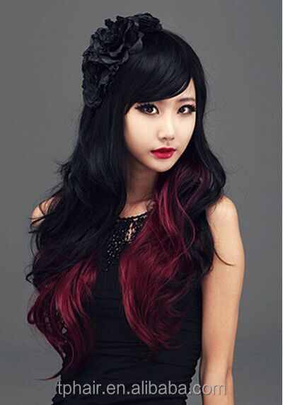 ファッション女性black+redコスプレパーティーかつら長い女性のフルウィッグカーリー波状毛 問屋・仕入れ・卸・卸売り