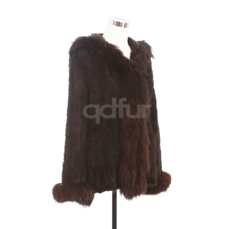 女性の冬のqd30409ニットミンクの毛皮の長いコートアライグマを飾った大きな毛皮の襟と袖口問屋・仕入れ・卸・卸売り