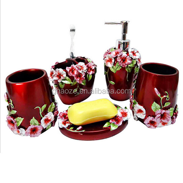 Polyresin Red Flower Bathroom Sets Factory.jpg