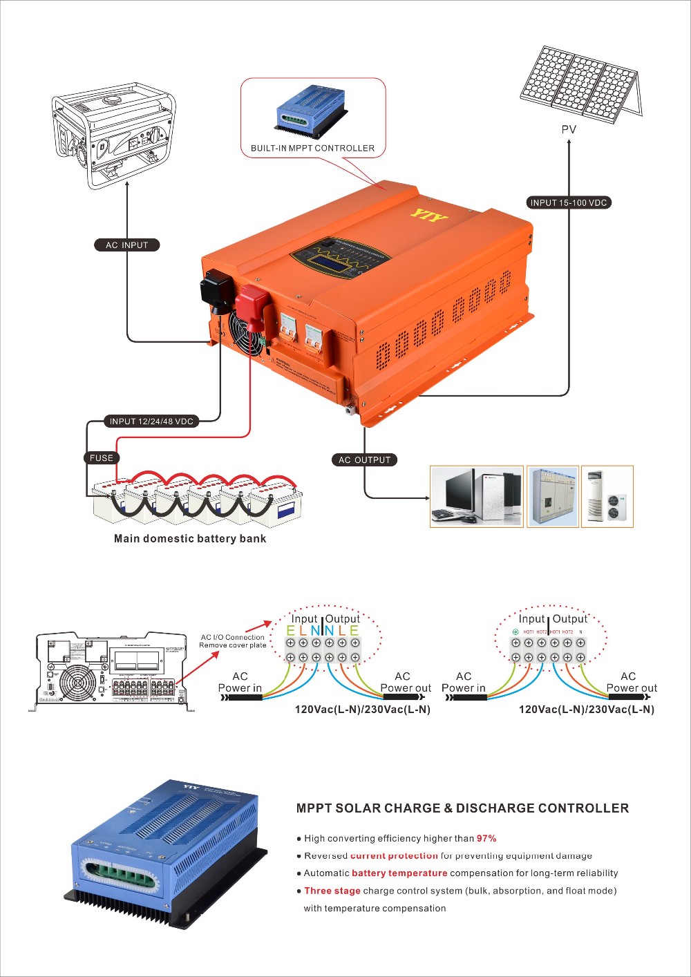 Hybrid Off Grid Power Solar Inverter 5000w 24v 48v With 40a 60a Charge 