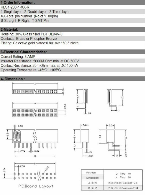 2.54mmピッチ雌ヘッダコネクタ高さ28.4ミリメートル34567810121416203040506070kls1-20880ピン、 ul、 cerohs指令仕入れ・メーカー・工場