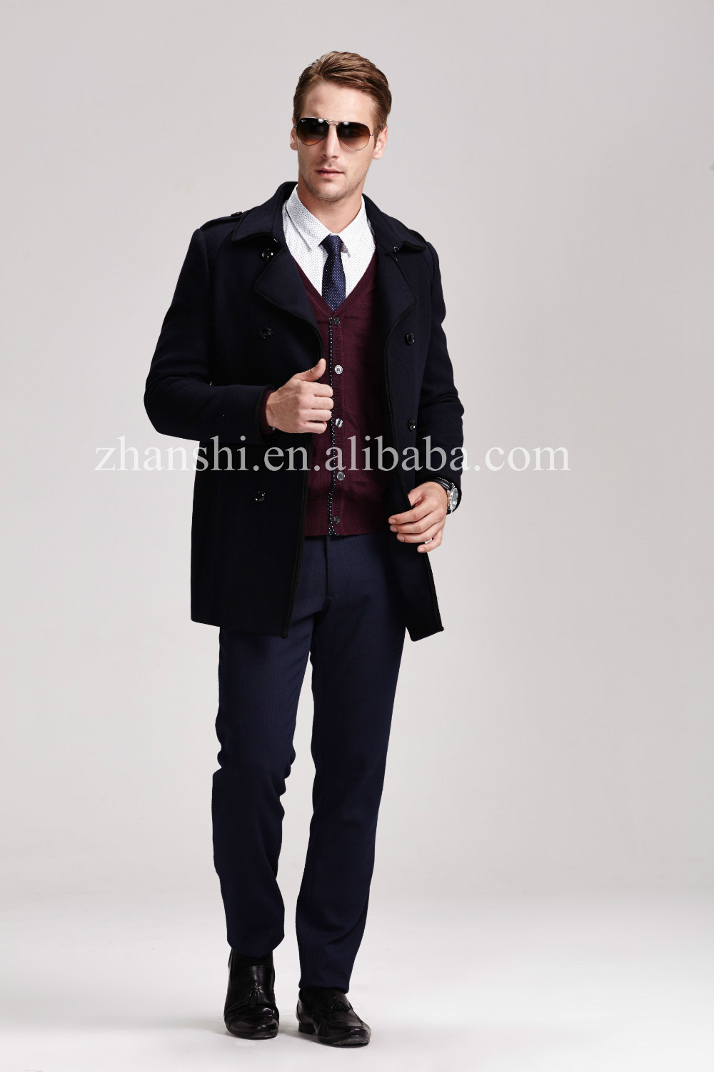 古典的なスタイルのファッション韓国のダブルブレストウール混紡男ベルト付きトレンチコート仕入れ・メーカー・工場