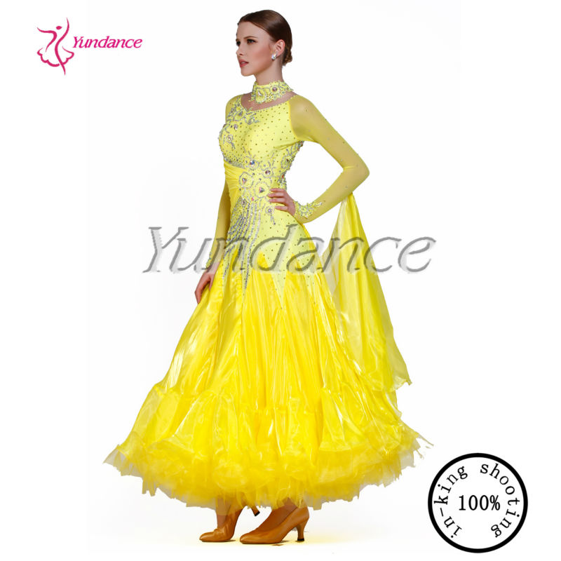 ふわふわb-13972014年黄色のダンスの衣装、 ラグジュアリーダンスの摩耗、 社交ダンスのためのドレス問屋・仕入れ・卸・卸売り