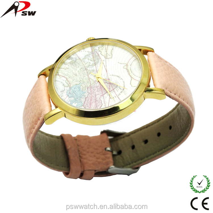 Genuine leather strap world map face japan movt quartz watch stainless steel