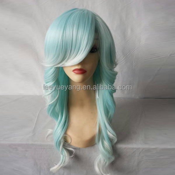 White And Light Blue Color 2 Tone Ombre Long Loose Wavy Hair Wig