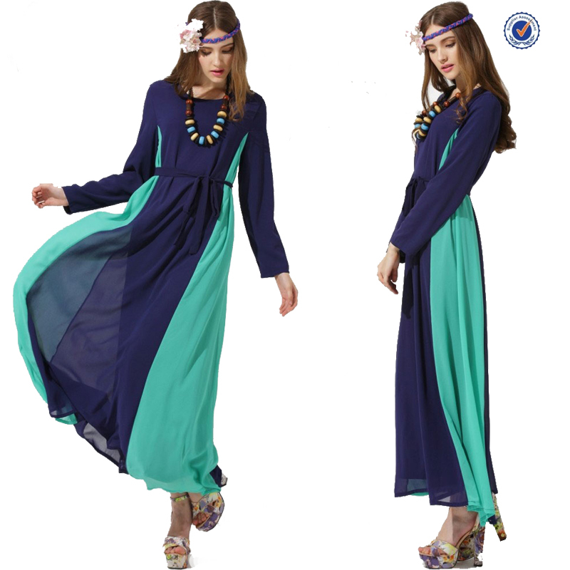 最新の通気性2015夏イスラム教徒の女性シフォンマキシドレスの長い袖2色仕入れ・メーカー・工場