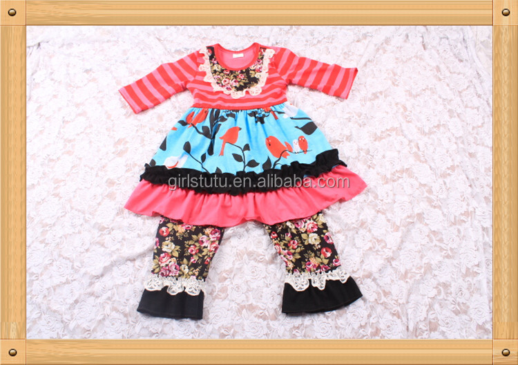 かわいい女子秋黒い綿のシャツの衣装花柄フリルパンツブティックキッズ服感謝祭小さな女の子の衣装仕入れ・メーカー・工場