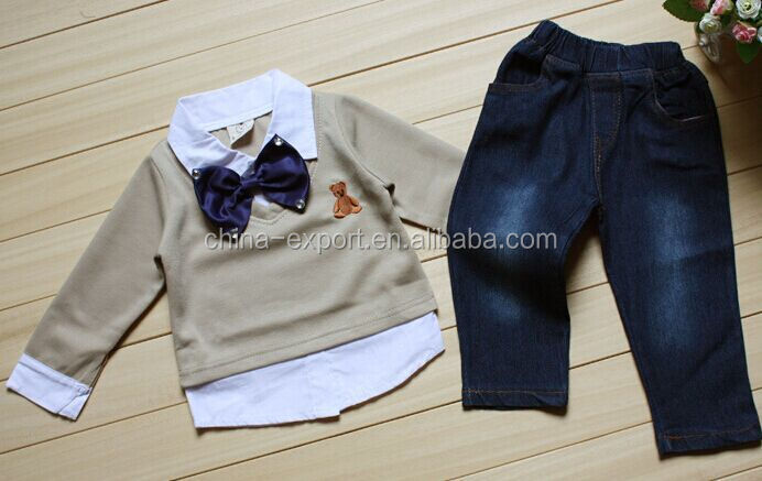 Jpskirt15054432015卸売ファッション夏の熱い販売の新しいヨーロッパの綿のズボンshirt+jeansネクタイクマの赤ちゃんの男の子の服セット仕入れ・メーカー・工場