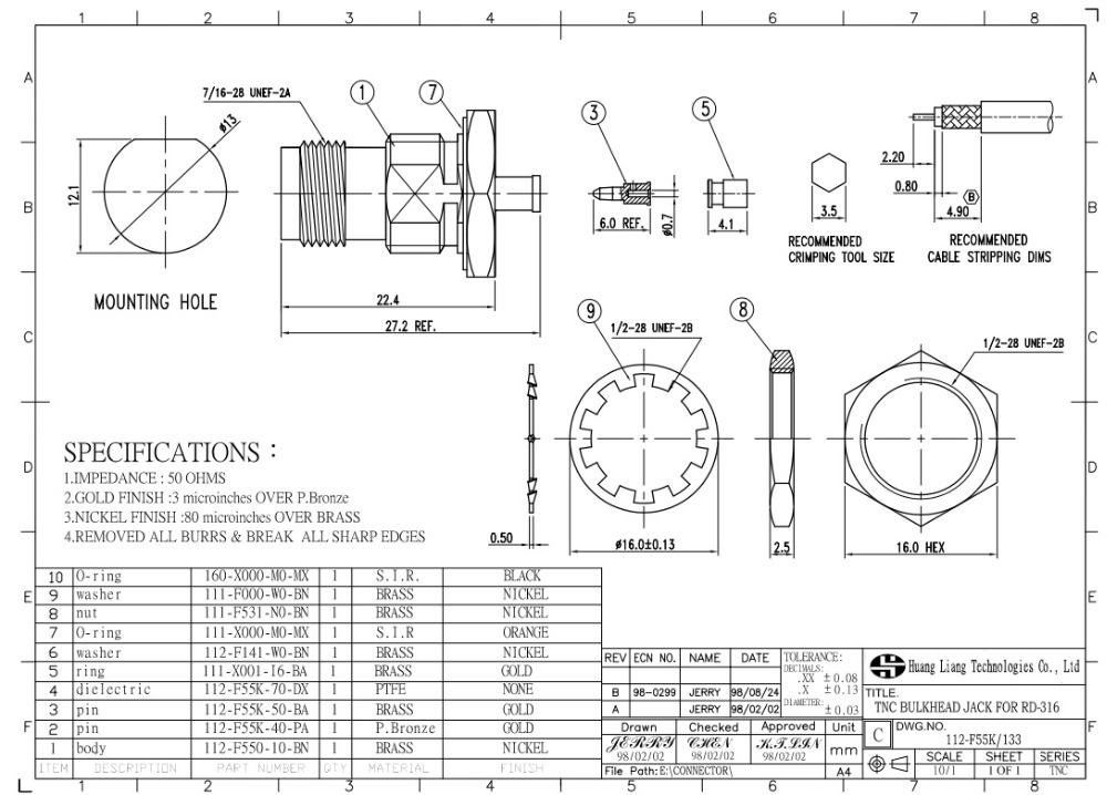 バルクヘッドメスrftncrd-316ケーブル用コネクタ仕入れ・メーカー・工場