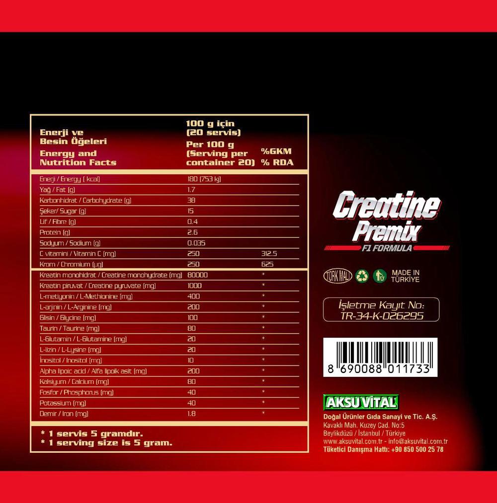 Creatine Premix Nutrition Table