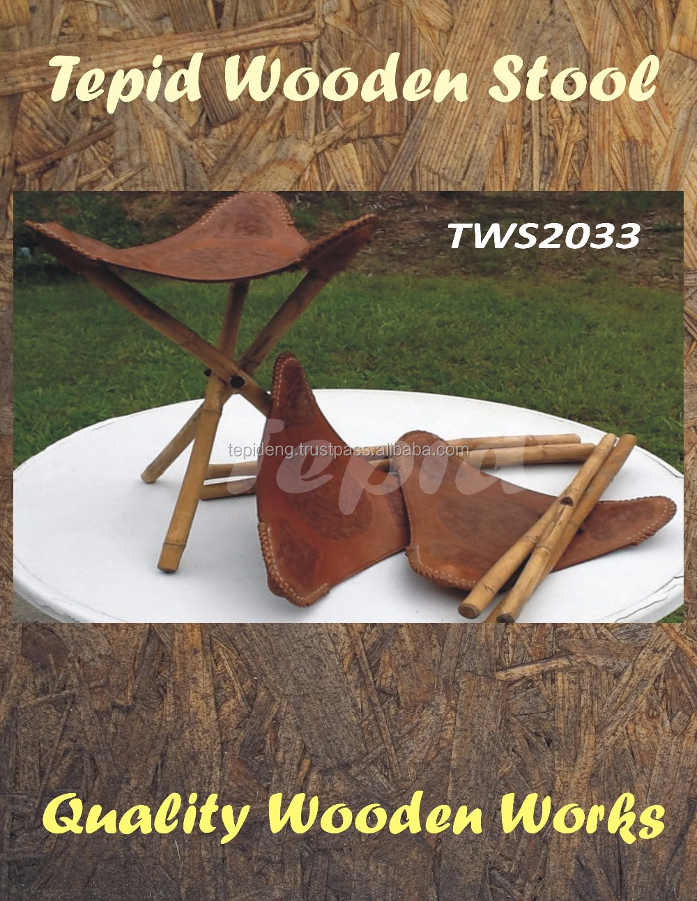 TWS2004三脚スツール/リアルレザー三脚木製脚スツールでブラウンシート、 木製三脚スツール仕入れ・メーカー・工場