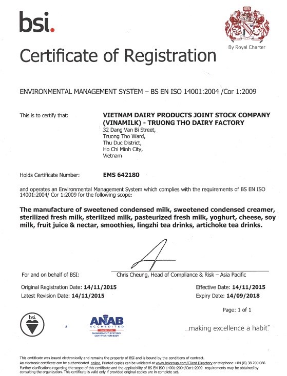 ISO 14001 Vinamilk Truong Tho