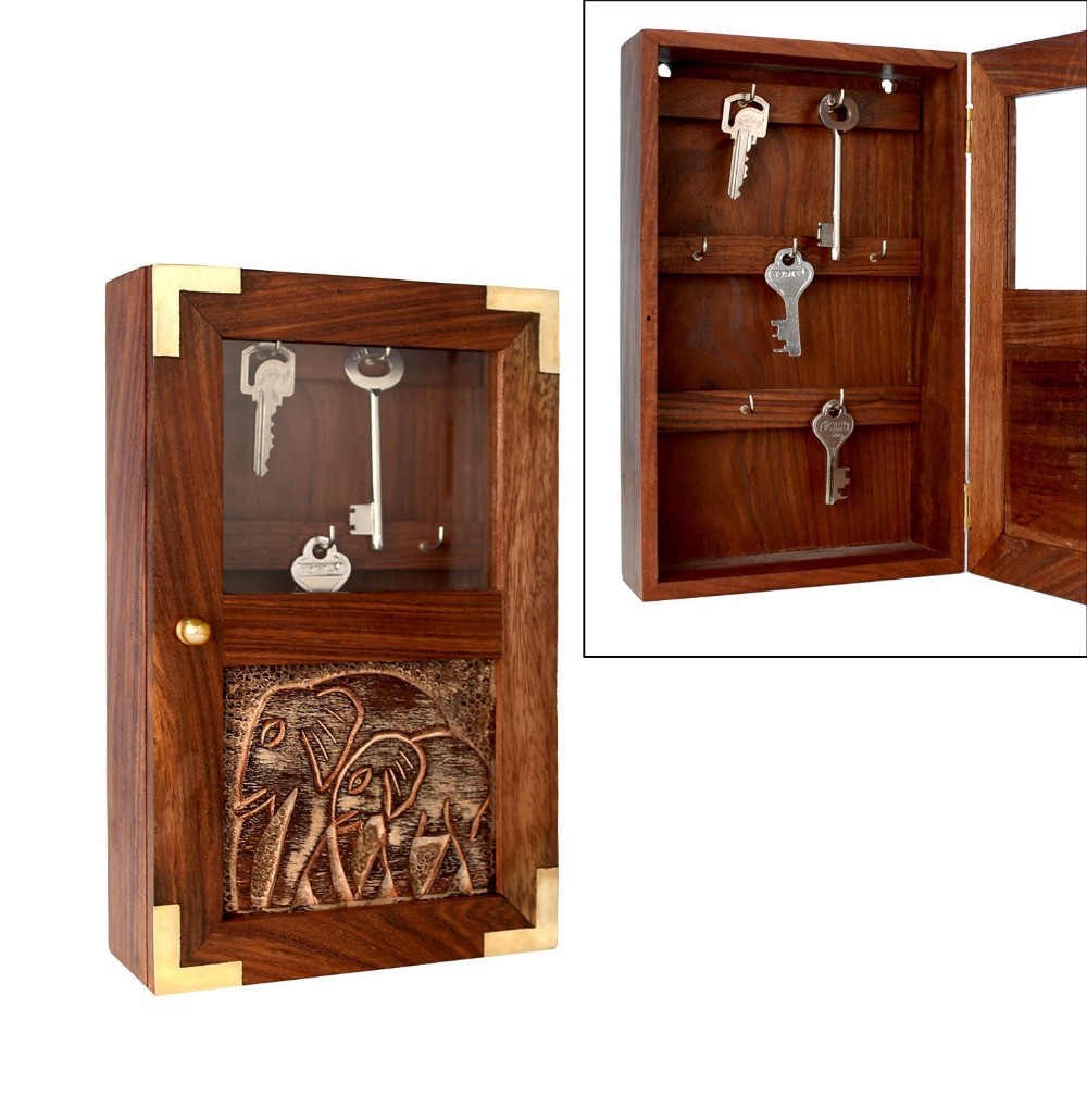 Handmade Decorative Wooden Wall Mounted Key Cabinet With Glass