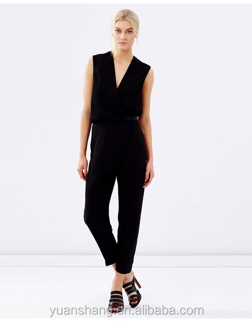 2015熱い販売ノースリーブカジュアルv襟黒のファッションの女性ジャンプスーツ仕入れ・メーカー・工場