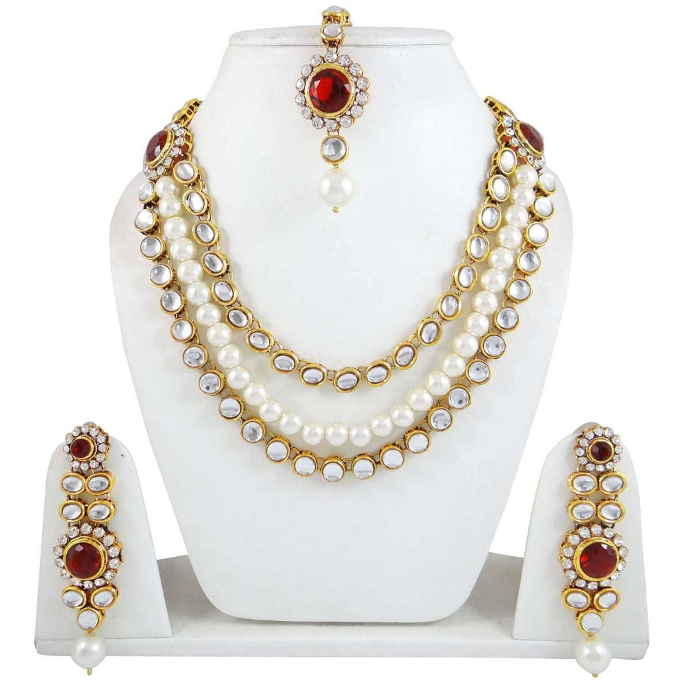 Ethnic Pearl Jewelry Set Rani Haar 3 Strand Necklace Sets India Wedding