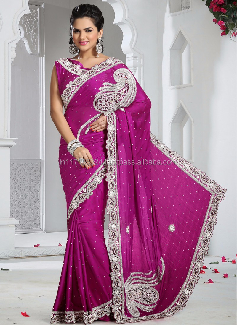 Purple Stylish Lehenga Style Saree Heavy Satin Bridal Stone Work